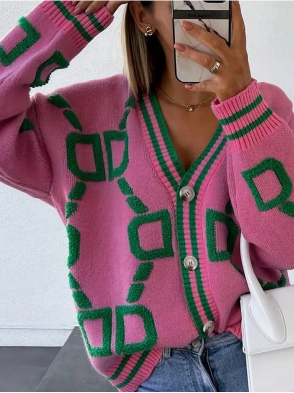 Pink & Green V-Neck Button Sweater Cardigan NWT